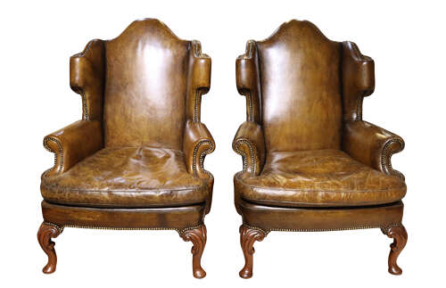 Pair of George I Style Walnut & Leather Wing Armchairs, Circa 1930