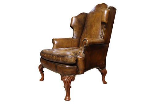 Pair of George I Style Walnut & Leather Wing Armchairs, Circa 1930