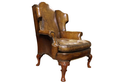 Pair of George I Style Walnut & Leather Wing Armchairs, Circa 1930