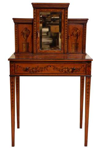 Edwardian Hand-Painted Satinwood Ladies Writing Table with Mirrored Superstructure, c.1900