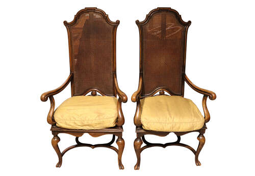Fine Pair of William & Mary Style Walnut High Back Caned Armchairs, c.1900