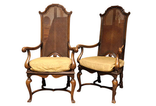 Fine Pair of William & Mary Style Walnut High Back Caned Armchairs, c.1900