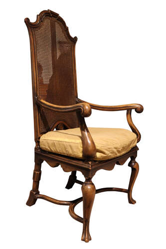 Fine Pair of William & Mary Style Walnut High Back Caned Armchairs, c.1900