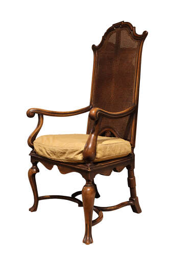 Fine Pair of William & Mary Style Walnut High Back Caned Armchairs, c.1900