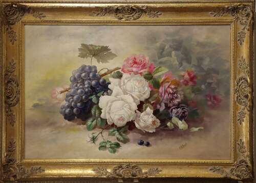 Fine Still Life of Flowers and Grapes, Oil on Canvas Signed C. B. Brough