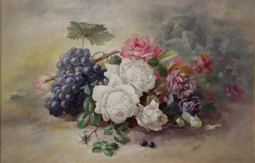 Fine Still Life of Flowers and Grapes, Oil on Canvas Signed C. B. Brough