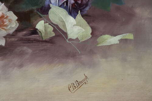 Fine Still Life of Flowers and Grapes, Oil on Canvas Signed C. B. Brough