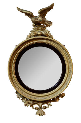 Early 19th Century Regency Circular Convex Giltwood Mirror with Eagle Surmount