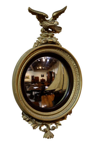 Early 19th Century Regency Circular Convex Giltwood Mirror with Eagle Surmount