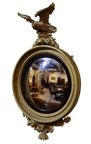 Early 19th Century Regency Circular Convex Giltwood Mirror with Eagle Surmount