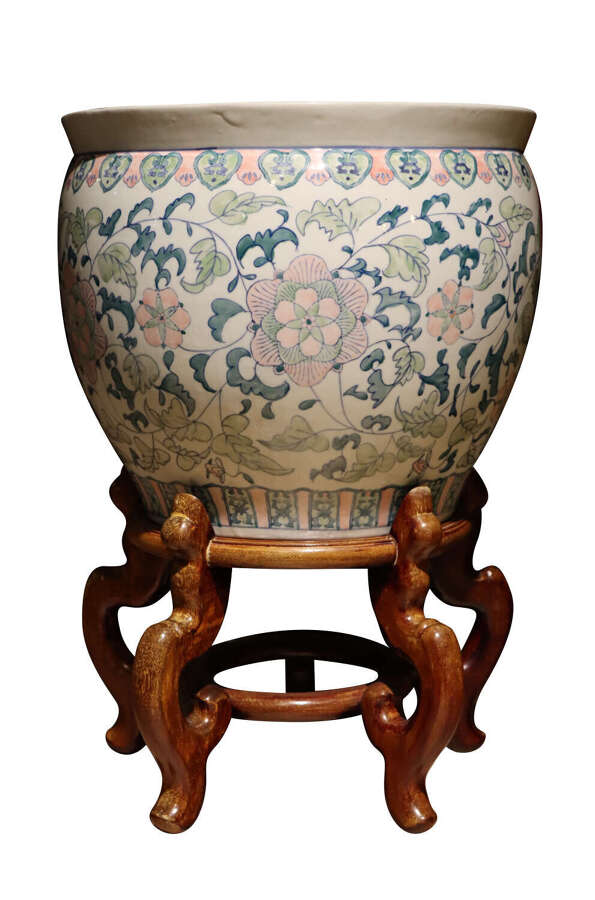 Chinese Decorative Porcelain Fish Bowl / Jardini&egrave;re on Hardwood Stand, circa 1970