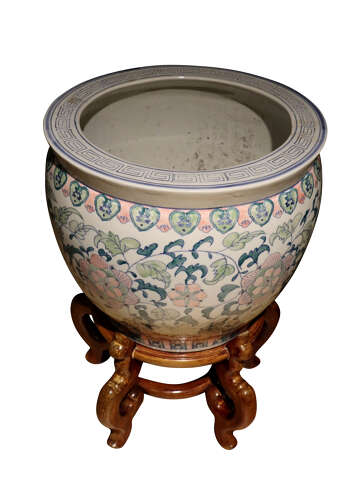 Chinese Decorative Porcelain Fish Bowl / Jardinière on Hardwood Stand, circa 1970