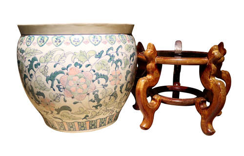 Chinese Decorative Porcelain Fish Bowl / Jardinière on Hardwood Stand, circa 1970