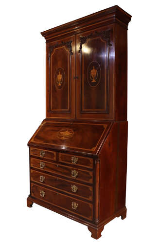 Fine Quality William IV Inlaid Mahogany Bureau Bookcase, circa 1840