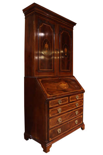 Fine Quality William IV Inlaid Mahogany Bureau Bookcase, circa 1840