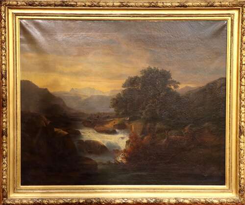 Large 19th Century Continental School Landscape Oil Painting in Original Gilt Frame