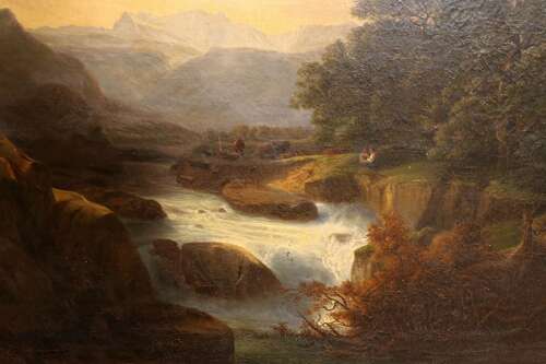 Large 19th Century Continental School Landscape Oil Painting in Original Gilt Frame