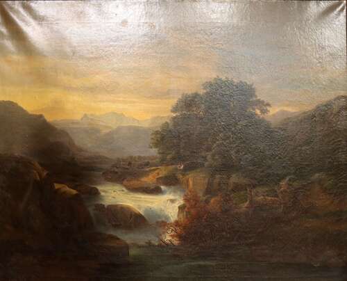 Large 19th Century Continental School Landscape Oil Painting in Original Gilt Frame