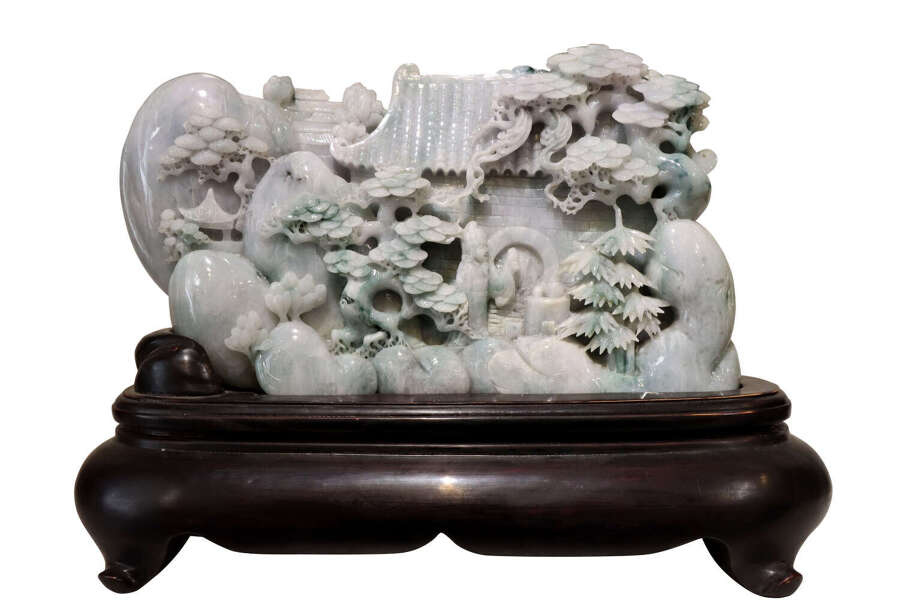 Exceptional Large Chinese Carved Jade Mountain Landscape Sculpture on Hardwood Stand
