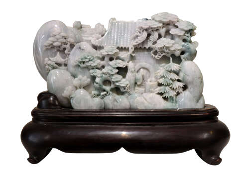 Exceptional Large Chinese Carved Jade Mountain Landscape Sculpture on Hardwood Stand