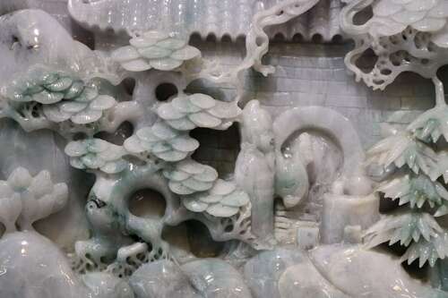 Exceptional Large Chinese Carved Jade Mountain Landscape Sculpture on Hardwood Stand