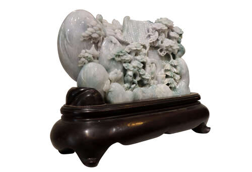 Exceptional Large Chinese Carved Jade Mountain Landscape Sculpture on Hardwood Stand