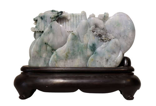 Exceptional Large Chinese Carved Jade Mountain Landscape Sculpture on Hardwood Stand