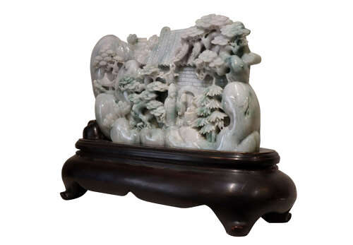 Exceptional Large Chinese Carved Jade Mountain Landscape Sculpture on Hardwood Stand