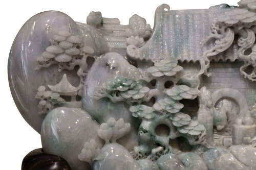 Exceptional Large Chinese Carved Jade Mountain Landscape Sculpture on Hardwood Stand