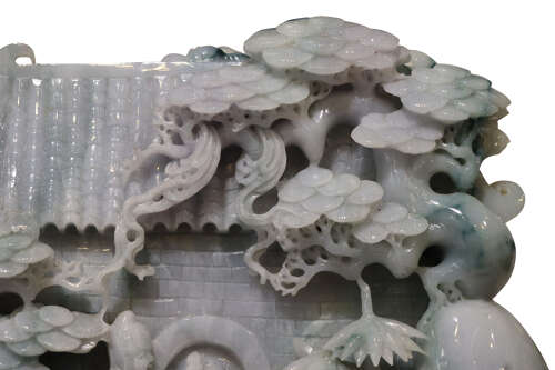 Exceptional Large Chinese Carved Jade Mountain Landscape Sculpture on Hardwood Stand