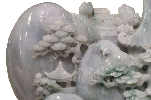 Exceptional Large Chinese Carved Jade Mountain Landscape Sculpture on Hardwood Stand