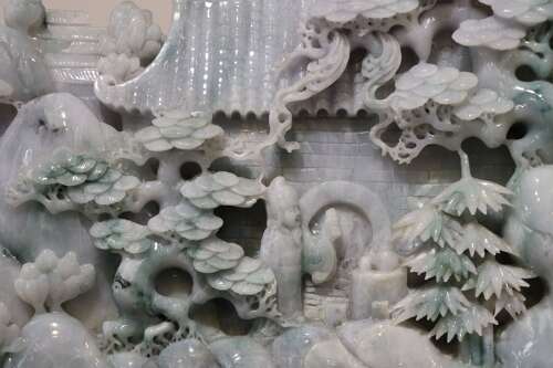 Exceptional Large Chinese Carved Jade Mountain Landscape Sculpture on Hardwood Stand