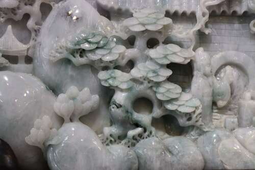 Exceptional Large Chinese Carved Jade Mountain Landscape Sculpture on Hardwood Stand