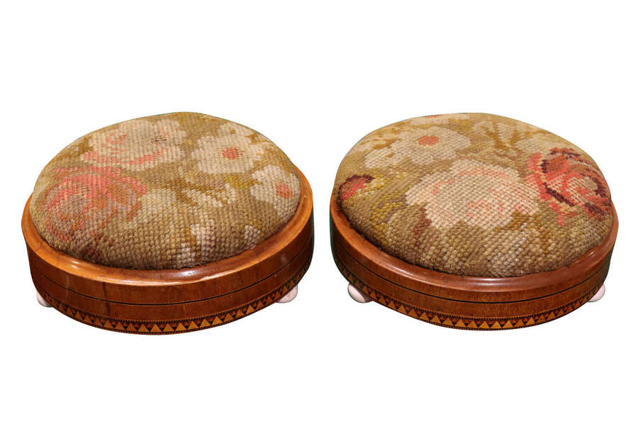 Pair of Fine Victorian Inlaid Walnut Circular Footstools, Circa 1860