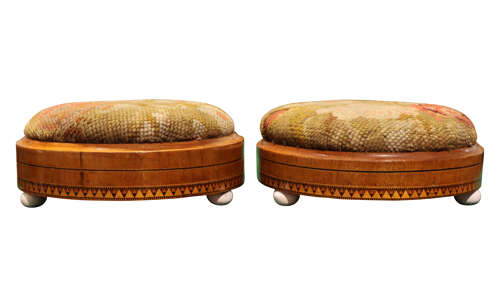 Pair of Fine Victorian Inlaid Walnut Circular Footstools, Circa 1860