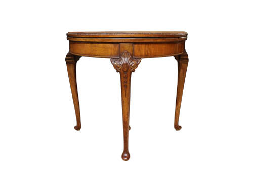 1920s Queen Anne Style Walnut Demi-Lune Folding Card Table