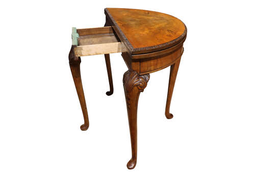 1920s Queen Anne Style Walnut Demi-Lune Folding Card Table