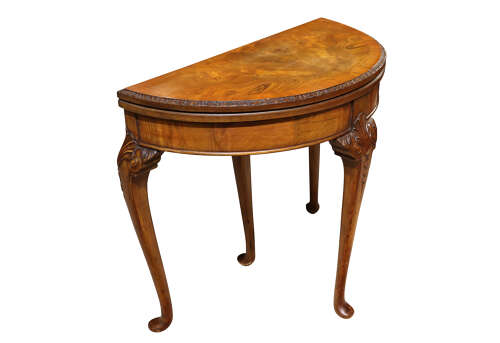 1920s Queen Anne Style Walnut Demi-Lune Folding Card Table