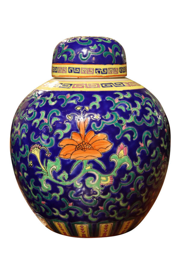 Vintage Chinese Style Porcelain Ginger Jar with Cover, Cobalt Blue Ground