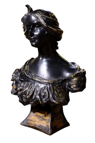 Signed L. Mattei French Art Nouveau Patinated Spelter Bust of a Young Woman, circa 1900