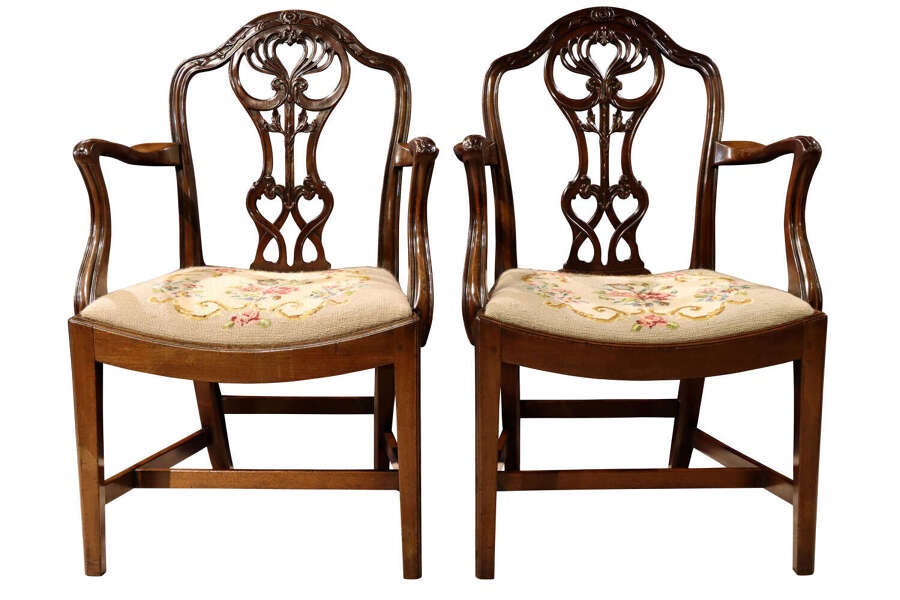 Pair of Edwardian Mahogany Chippendale Revival Open Armchairs / Elbow Chairs