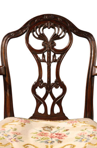Pair of Edwardian Mahogany Chippendale Revival Open Armchairs / Elbow Chairs