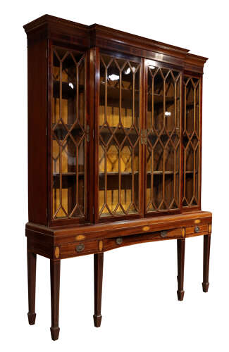 Exceptional Inlaid Mahogany Breakfront Display Cabinet on Stand, Circa 1880