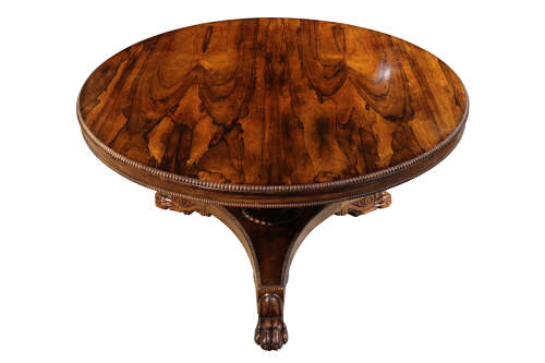 Superb William IV Rosewood Circular Breakfast Table with Lion Paw Feet, c.1830