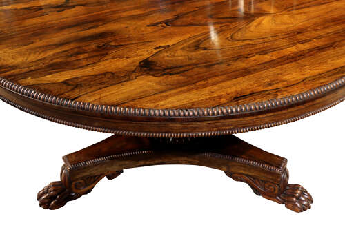 Superb William IV Rosewood Circular Breakfast Table with Lion Paw Feet, c.1830