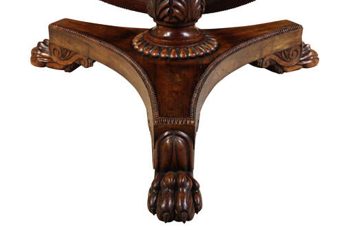 Superb William IV Rosewood Circular Breakfast Table with Lion Paw Feet, c.1830