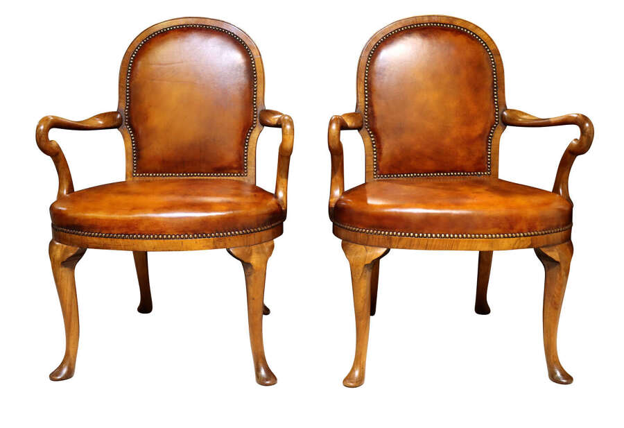 Pair of Walnut Framed Leather Upholstered Armchairs c.1900