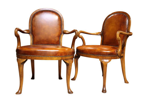 Pair of Walnut Framed Leather Upholstered Armchairs c.1900