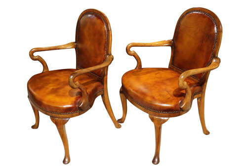 Pair of Walnut Framed Leather Upholstered Armchairs c.1900