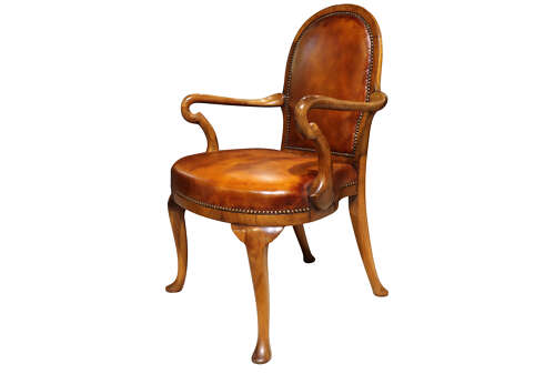 Pair of Walnut Framed Leather Upholstered Armchairs c.1900